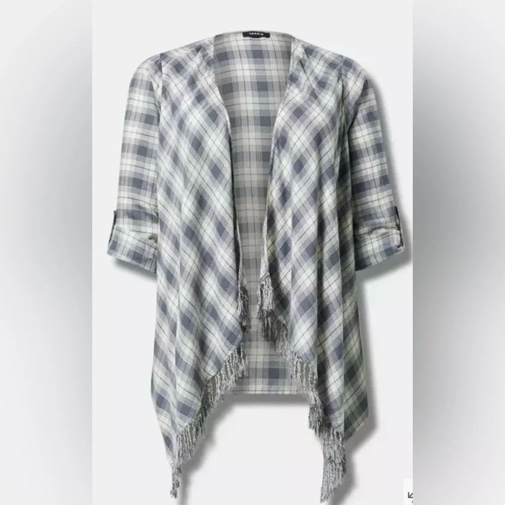 Plaid Fringe Shawl Cardigan